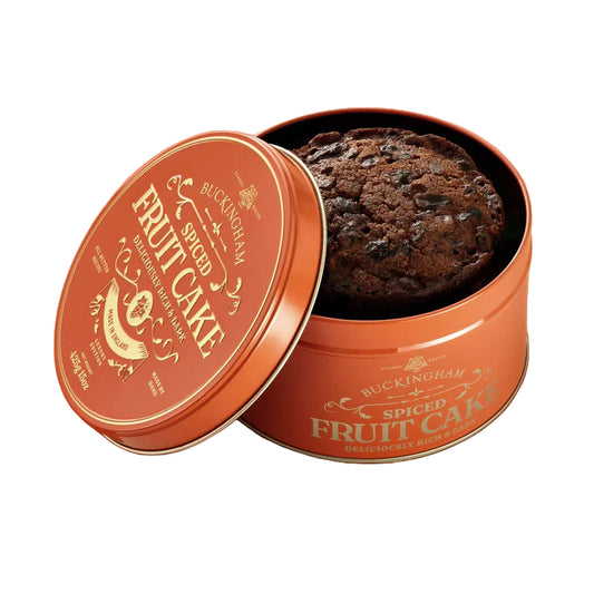 BUCKINGHAM SPICED FRUIT CAKE IN ORANGE VINTAGE GIFT TIN 425G
